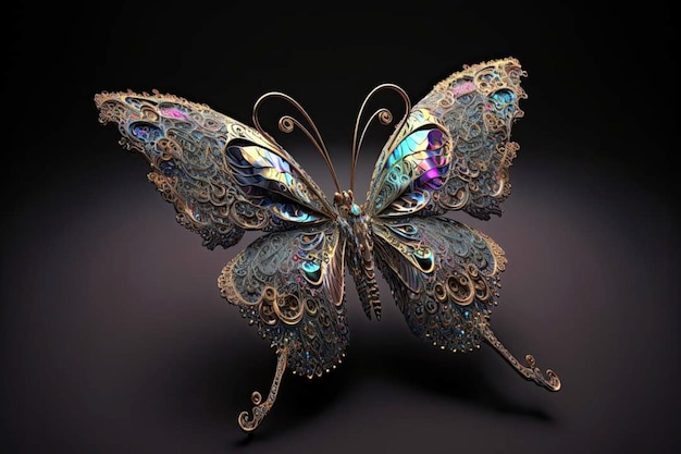 A butterfly is made of metal and has a blue and gold pattern on it.