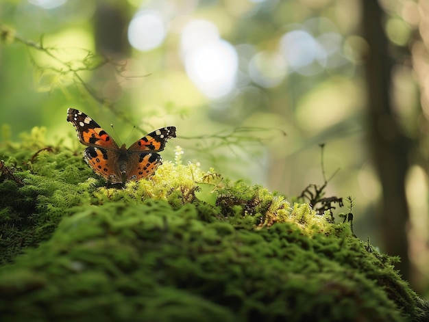 Photo a butterfly is on a mossy branch with the sun shining through