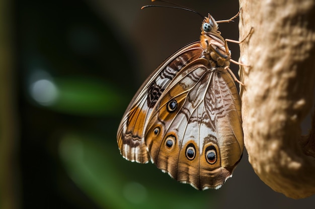 A butterfly is perched on a birdhouse.