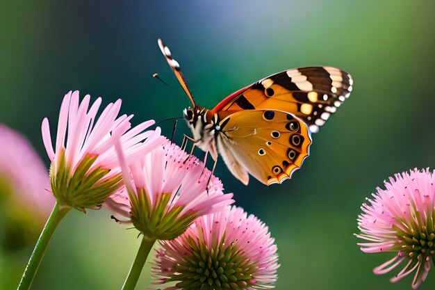 A butterfly is on a pink flower with the word butterfly on it.