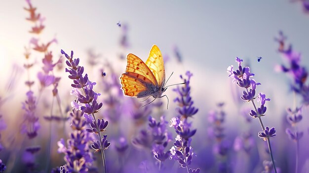 a butterfly is on the purple flowers