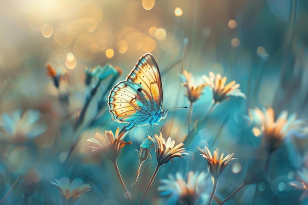 A butterfly is sitting on a flower in a field