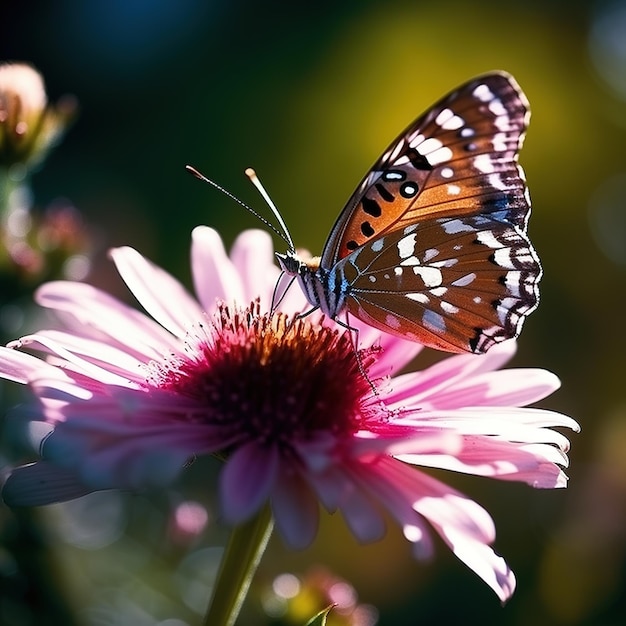 A butterfly is sitting on a pink flower with the word butterfly on it.