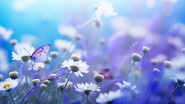 a butterfly is sitting on some flowers and some blue flowers