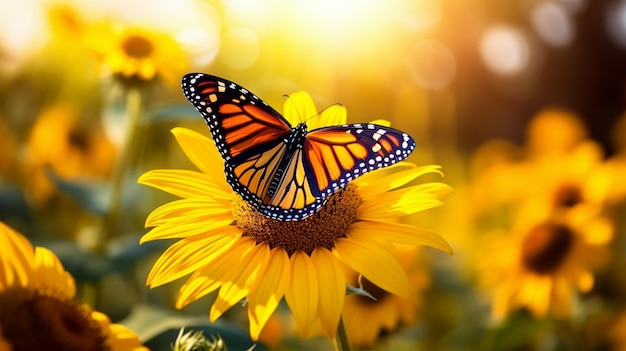 a butterfly is on a sunflower and a butterfly is in the background