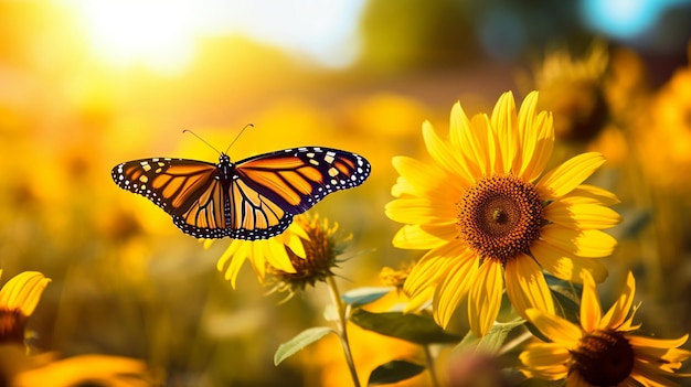 a butterfly is on a sunflower and a butterfly is in the background