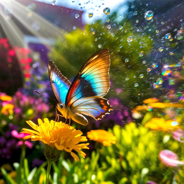 Butterfly is on a yellow flower with the sun shining through it