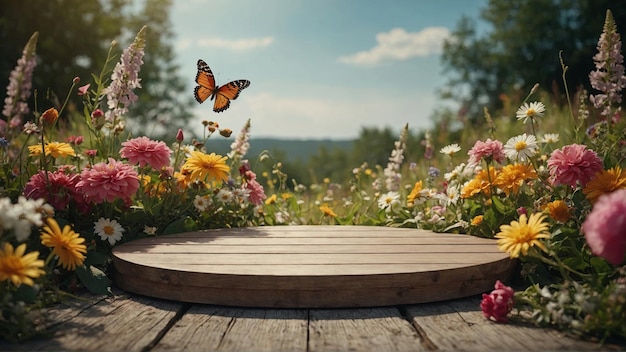 Photo butterfly landing on vibrant flowers in a sunny garden nature background springtime banner