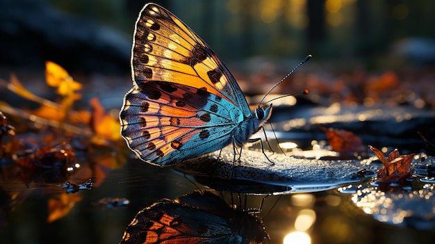 butterfly on a leaf by a clear river at dusk against a mountain backdrop