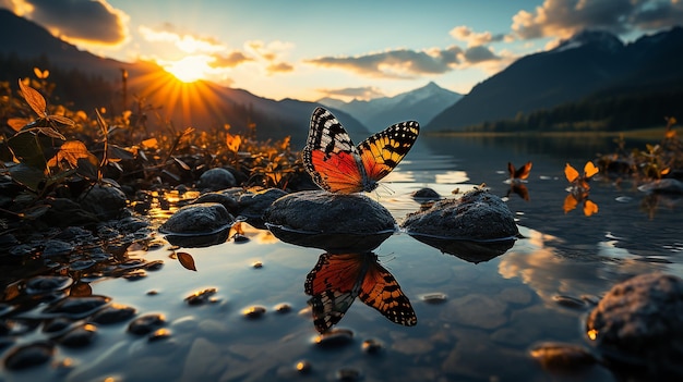 butterfly on a leaf by a clear river at dusk against a mountain backdrop