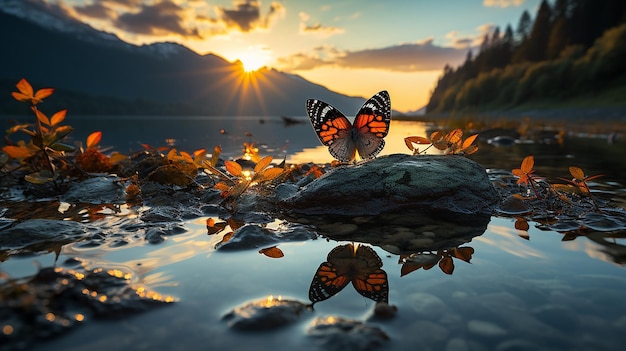 butterfly on a leaf by a clear river at dusk against a mountain backdrop