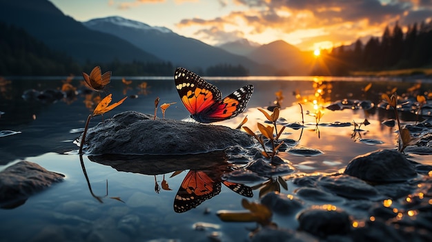 butterfly on a leaf by a clear river at dusk against a mountain backdrop