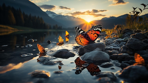 butterfly on a leaf by a clear river at dusk against a mountain backdrop