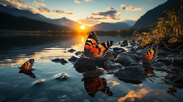 butterfly on a leaf by a clear river at dusk against a mountain backdrop