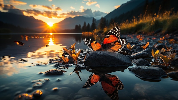 butterfly on a leaf by a clear river at dusk against a mountain backdrop