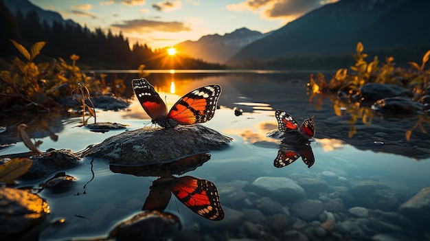 butterfly on a leaf by a clear river at dusk against a mountain backdrop