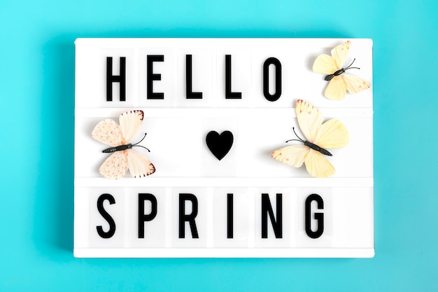 Butterfly, lightbox with  quote Hello spring on blue background Flat lay