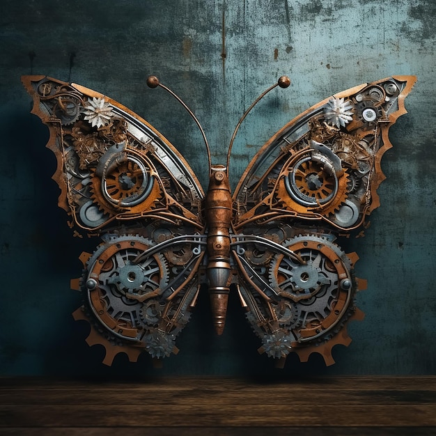 A butterfly made of metal with gears on it