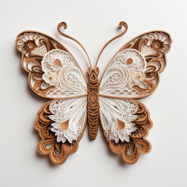 A butterfly made of wood with a white background and gold details.