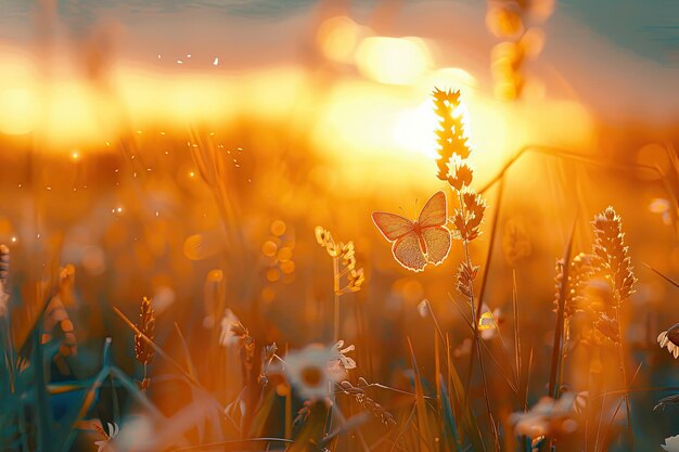 Butterfly on Meadow Field at Sunset SpringSummer Background