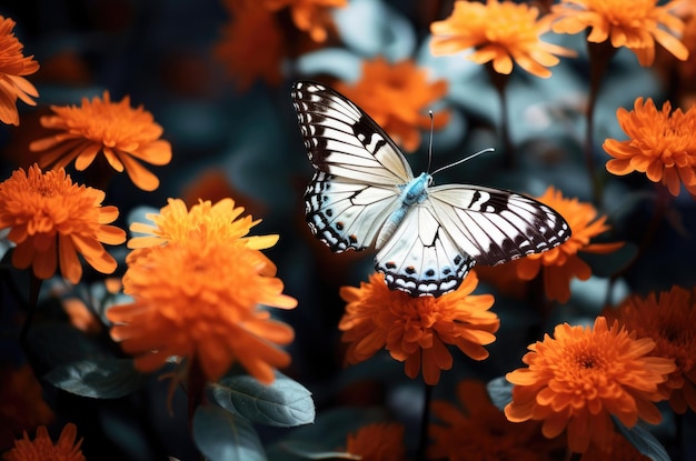 Butterfly on orange flowers background