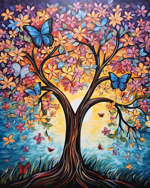 Butterfly Painting on Tree in Colors