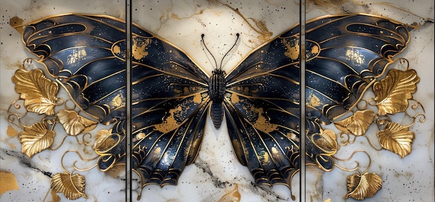 A butterfly pattern in three panels featuring gold and dark blue colors on white marble with abstract wave designs