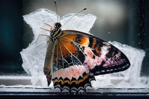 A butterfly perched on a frosty windowpane