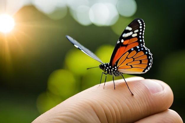 A butterfly on a person's finger