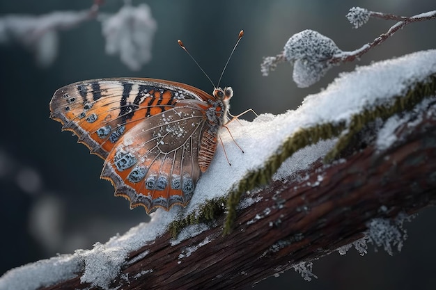 Butterfly resting on branch surrounded by snow