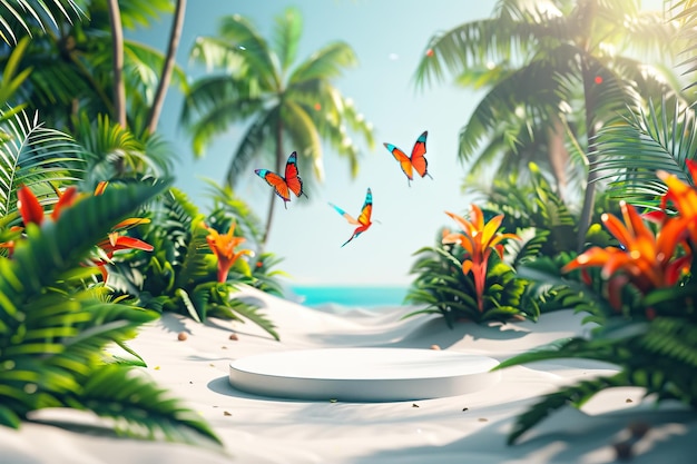 Photo butterfly resting on a white flower by a lush green palm tree outdoors serene nature scene perfect