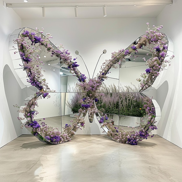 a butterfly sculpture with purple flowers in the middle of it