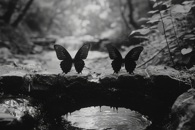 Butterfly silhouettes creating a pedestrian crossing on a quaint bridge over a small creek