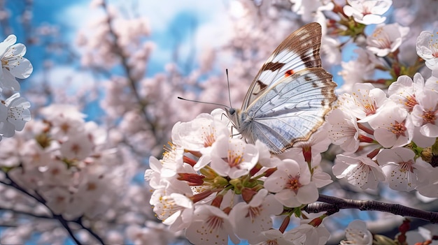 A butterfly sits on a branch of cherry blossoms.