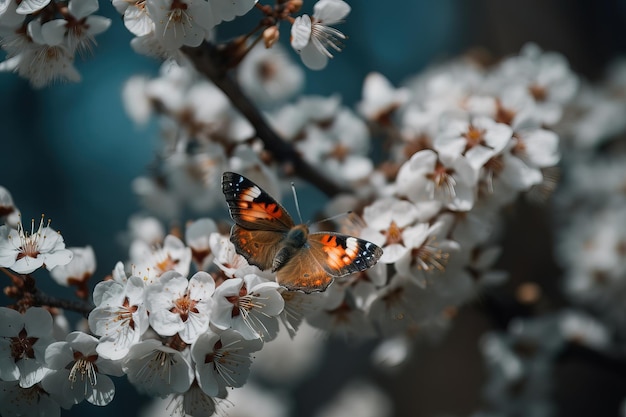 A butterfly sits on a branch of a cherry tree with white flowers.