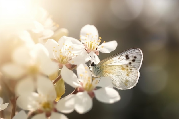 A butterfly sits on a branch of a cherry tree.