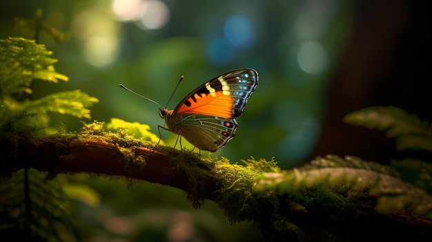 A butterfly sits on a branch in the forest.