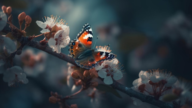 A butterfly sits on a branch with flowers in the backgroundgenerative ai