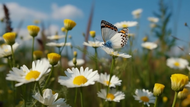 A butterfly sits on a flower in a field of daisies.