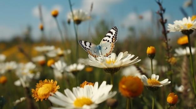 A butterfly sits on a flower in a field of daisies.