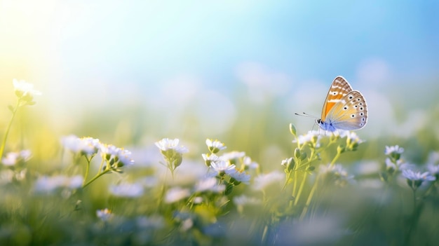 A butterfly sits on a flower in a field of white flowers.