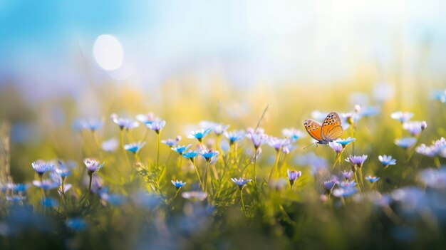 A butterfly sits on a flower field with a blue sky in the background.