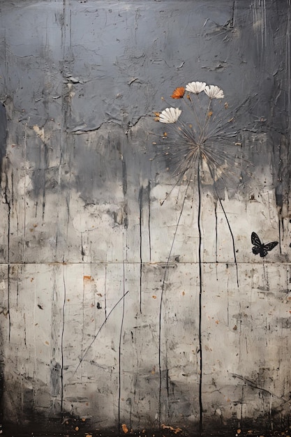 a butterfly sits on a flower in front of a wall with a butterfly in the foreground.