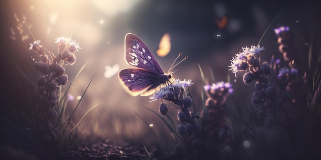 A butterfly sits on a flower in the sun