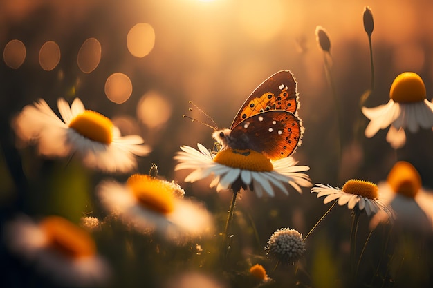 A butterfly sits on a flower in the sun