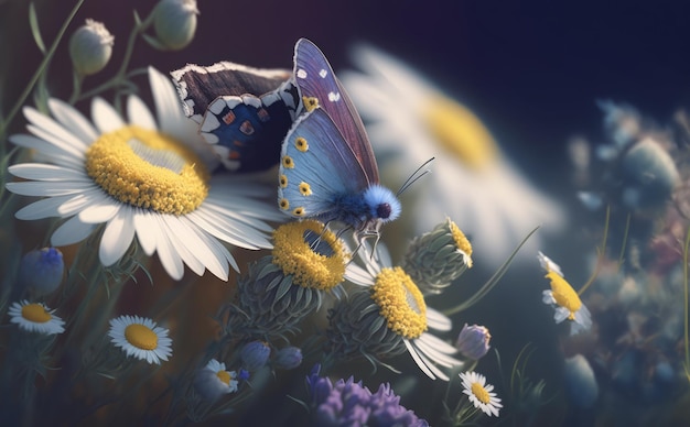 A butterfly sits on a flower with a blue and yellow pattern on its wings.