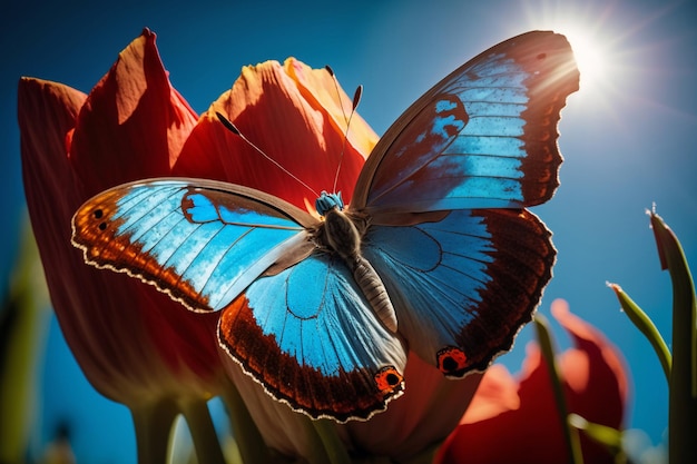 A butterfly sits on a flower with the sun shining on it.