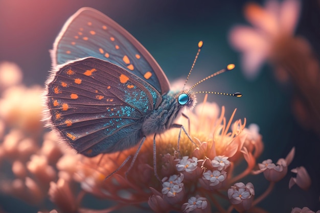 A butterfly sits on a flower with the sun shining on it.