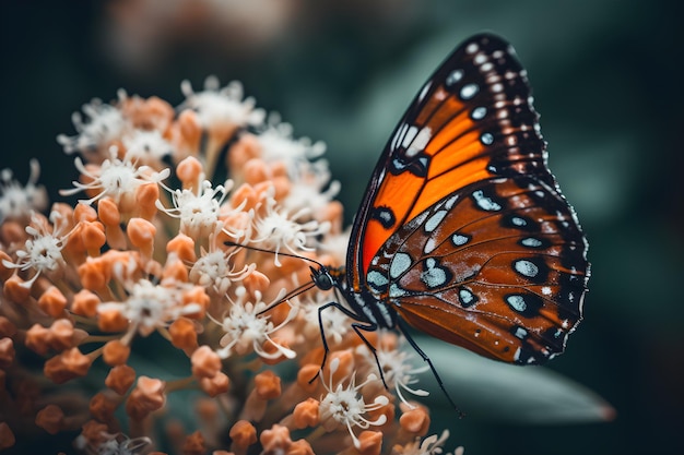 A butterfly sits on a flower with the word monarch on it.