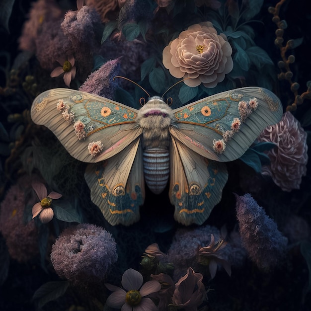 A butterfly sits on a flowery background